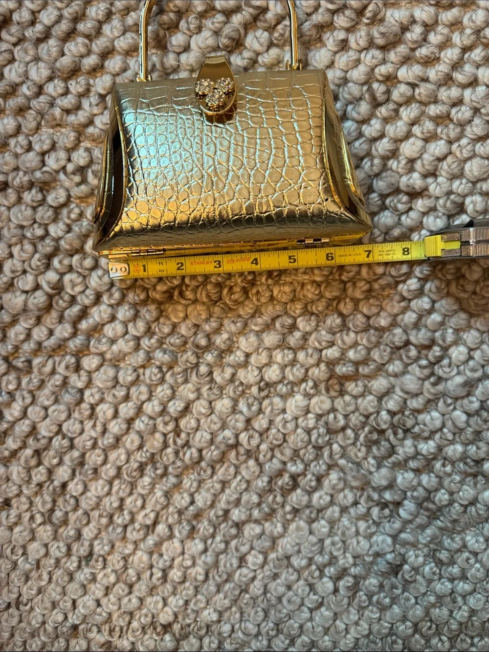 Metallic Gold Croc-Embossed Top Handle Bag with Crystal Clasp